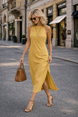 Johanna – Ärmelloses Midikleid mit Spitzendetails in Gelb