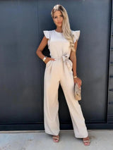 Willow | Rüschenärmel Tailliert Jumpsuit in Beige