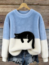 Aiste - Lässiger Pullover Mit Katzenmotiv in Hellblau