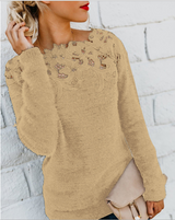 Andrea | Damen Winterpullover mit Blumen-Spitzenkragen in Khaki