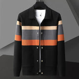 Cole | Herren Strickjacke Streifen Snap-Button Varsity Herbst in Schwarz-Orange