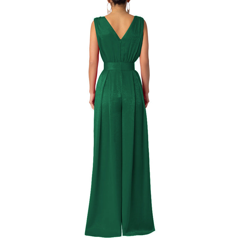 Solid Color And V-neck High Waist Wide Leg Jumpsuit