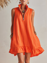 Helles Orange Leinen Halb-Reißverschluss Mini-Kleid mit Rüschensaum und Stehkragen in Orange