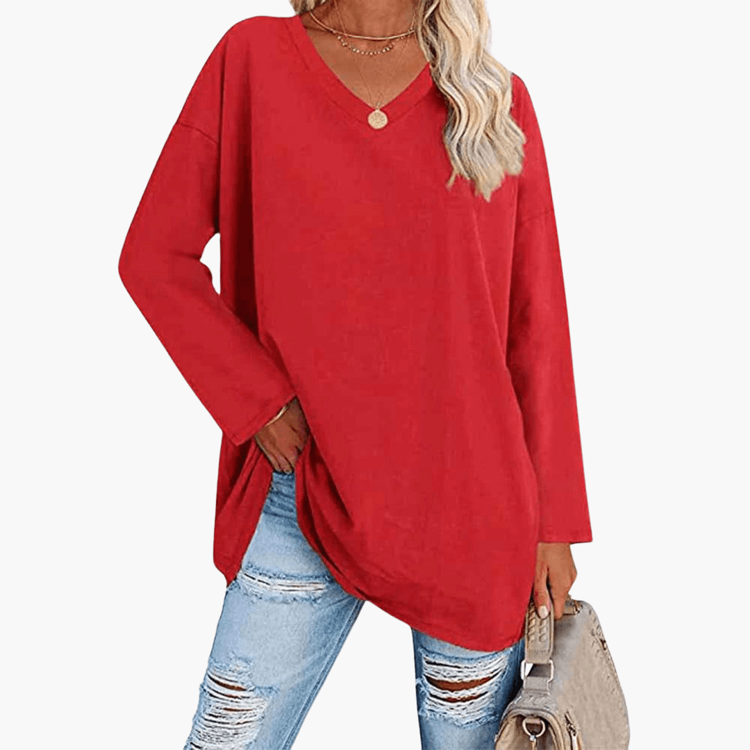 Damen oversized V-Ausschnitt Langarmshirt – Bequem & lässig