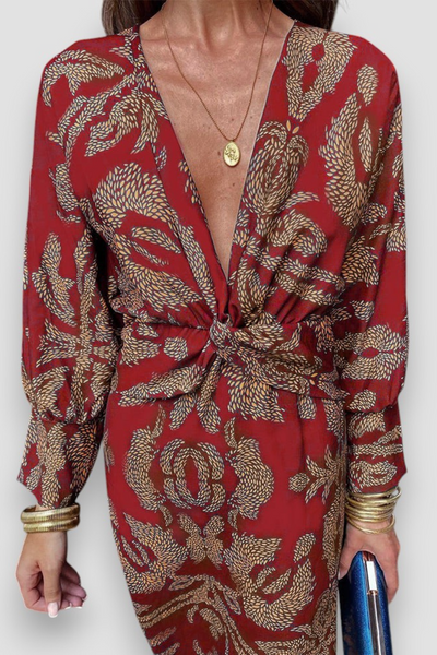 Elegantes Midikleid mit Twist-Detail und floralem Muster – Zeitlos und stilvoll