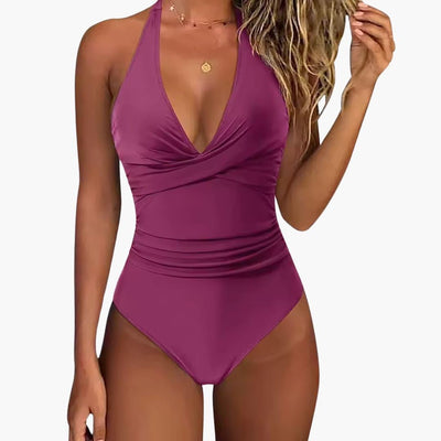 Damen Einteiler Badeanzug mit Raffung – Halter Neck