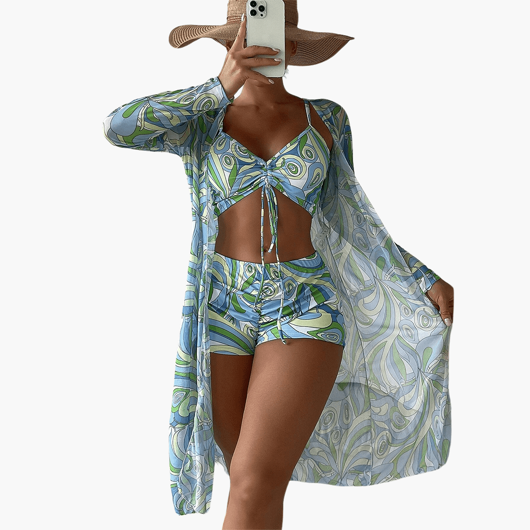 Bikini-Set mit V-Ausschnitt für Damen – Batik-Überwurf inklusive