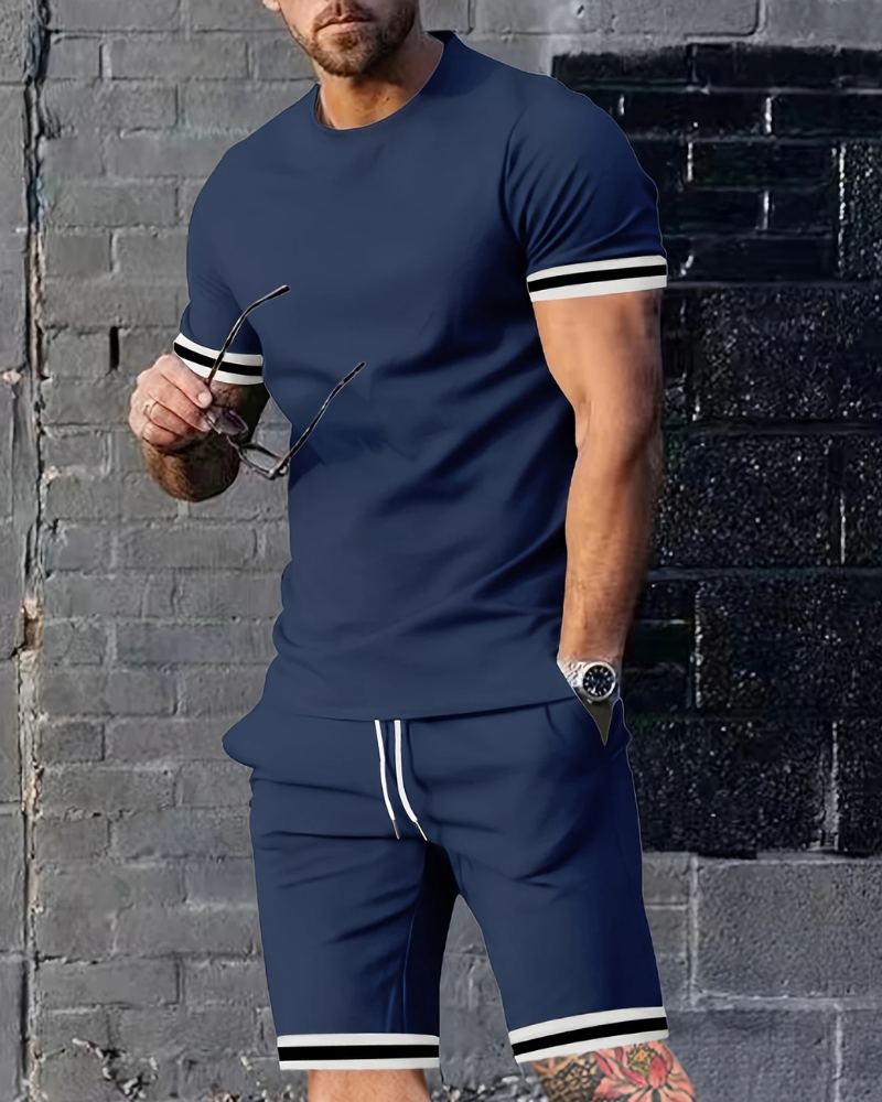 Herren Sport Set mit T-Shirt & Shorts | Zweiteiler mit Streifen für Sommer & Training