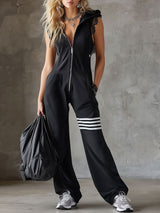 Retro-inspirierter schwarzer ärmelloser Kapuzen-Jumpsuit mit sportlichen Spitzenstreifen in Schwarz