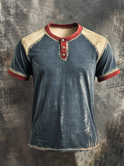 Herren T-Hemd Mit Henley Kragen Retro Farbblock Und Kurzen Ärmeln