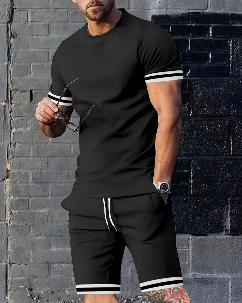 Herren Sport Set mit T-Shirt & Shorts | Zweiteiler mit Streifen für Sommer & Training