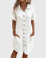 Locker geschnittenes Sommerkleid mit Knopfleiste – Midikleid Kurzarm Polokleid in White