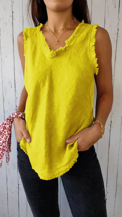 HILDEGARD - ÄRMELLOSES LEINENTOP MIT FRANSEN