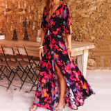 Silke | Stylisches Wickel-Maxikleid in Schwarz-Rosa