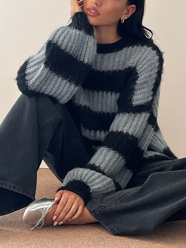 Gestreifter Rundhalspullover mit Laternenärmel