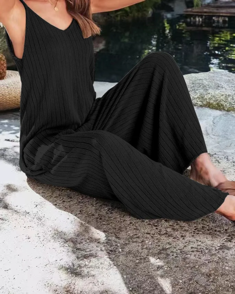Damen Ärmelloser Gerippter Jumpsuit | Weites Bein