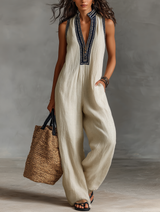 Hannelore | Damen Ärmelloser Jumpsuit Leinen Stickerei – Leinen Overall Stickerei 2026 in Foto Farbe