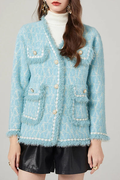 Strickstrickjacke aus hellblauem Tweed