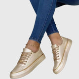 Anna | Damen Frühlings Lässige Samt Schnürsneaker in Gold