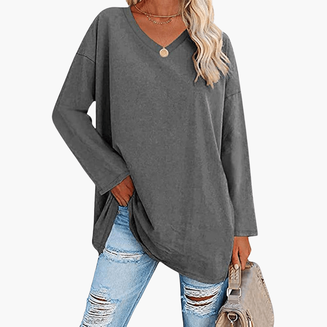 Damen oversized V-Ausschnitt Langarmshirt – Bequem & lässig