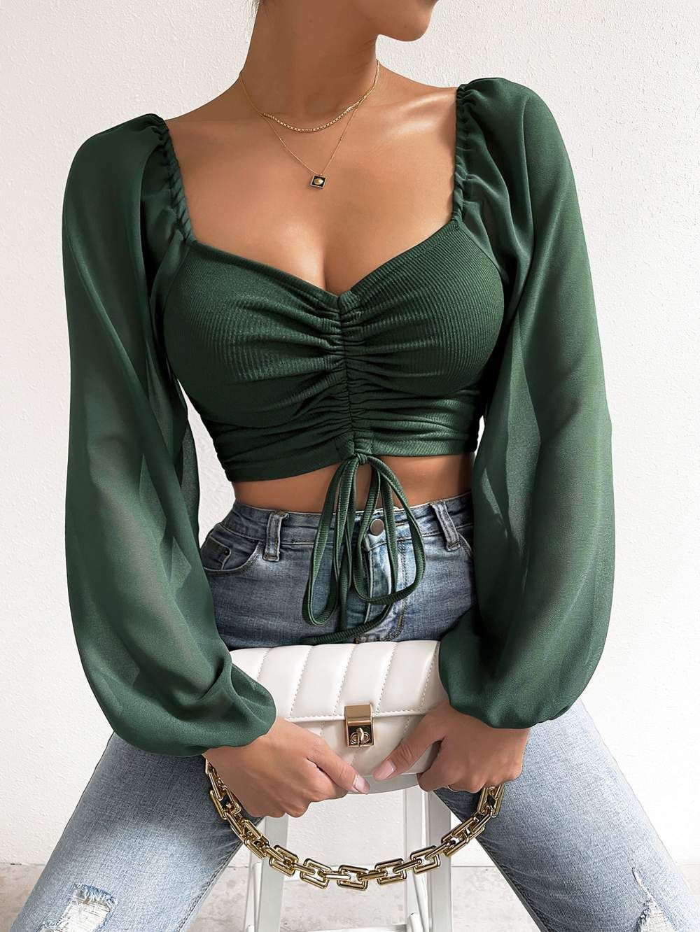 Annika – Bluse mit langen Puffärmeln und Kordelzug