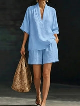 Silvani - Lässiges Set Aus Baumwoll Top Mit V-ausschnitt Und Shorts in Blau