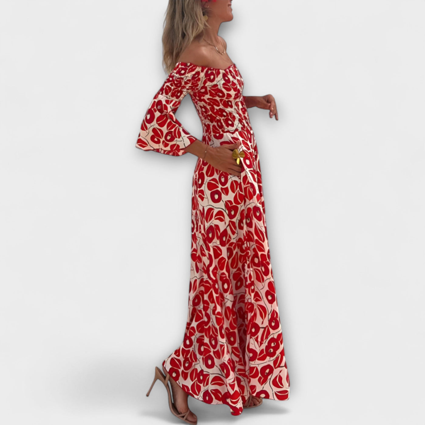 Bella - Off-Shoulder Kleid mit Blumenmuster in Ozeanfarben