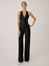 Damen Halterneck Set mit V Ausschnitt und weitem Bein in Schwarz