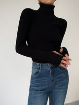 Jennifer | Damen Frühlings Stilvoller Gerippter Rollkragenpullover in Schwarz