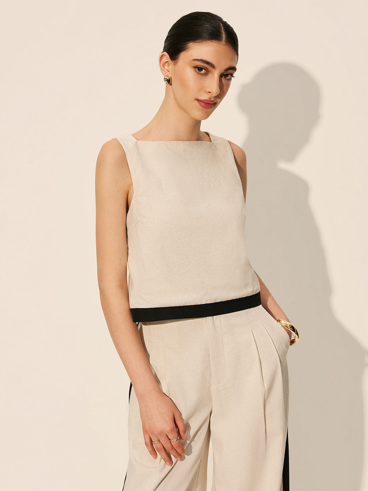 Leinen-Baumwoll Hose mit Kontrastnaht und Reißverschluss