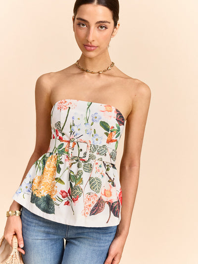 Schulterfreies Blumen-Peplum-Top mit Gürtel – Sommerbluse