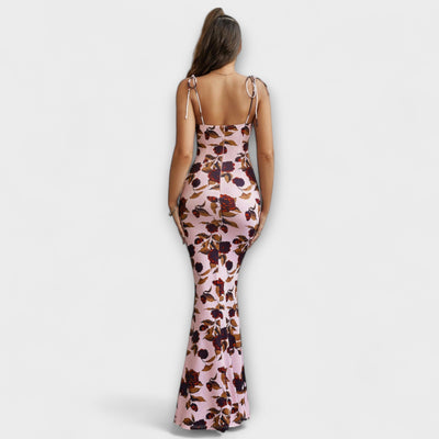 Thalia - Floral Print Prom Dress with Tied Shoulder Straps