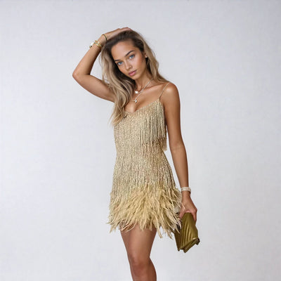 Festliches Federn-Minikleid mit Glitzer & Taillengürtel – Partykleid