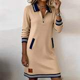 Keshara - Schickes Baumwoll Kleid Mit langen Ärmeln in Beige