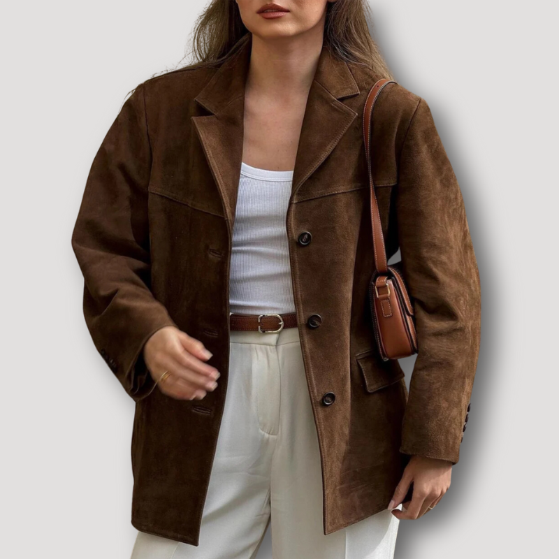 Hedi - Oversize Wildleder Umlegekragen Lang Jacke