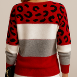 Viola | Damen Weicher Strickpullover mit Farbblock und Leopardenmuster in Rot