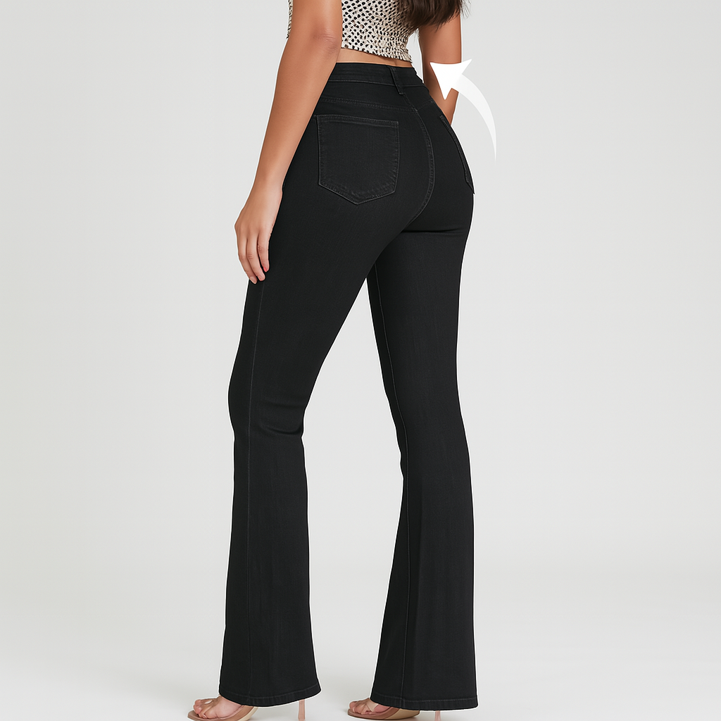 Bella – Elegante schwarze Schlagjeans für Damen – Hochelastisch mit hohem Bund