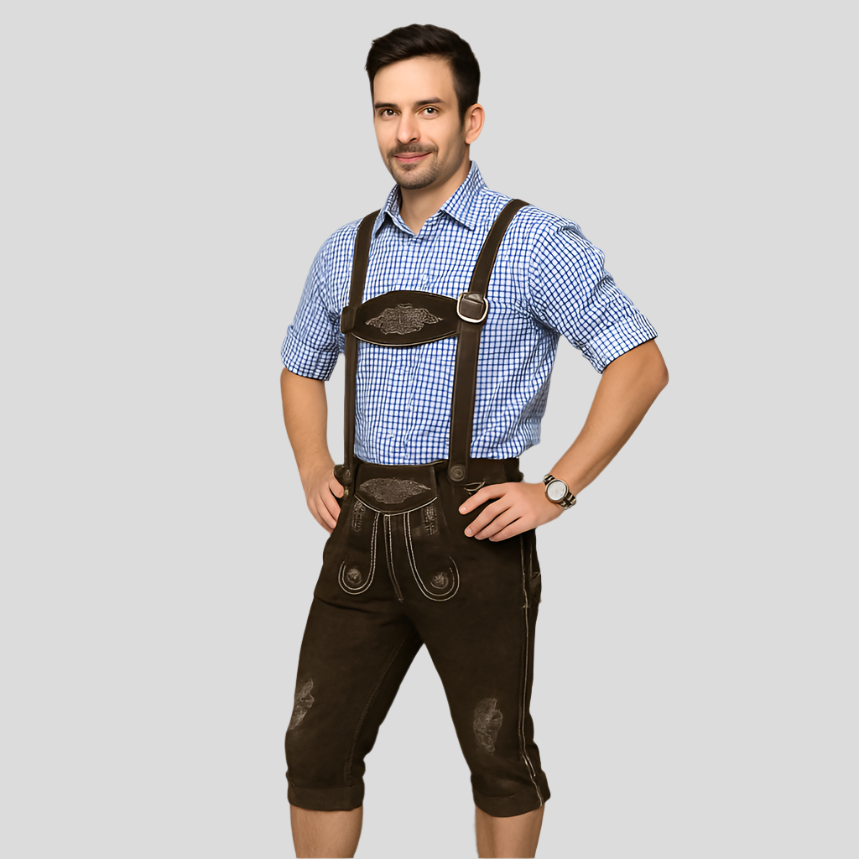 Kniebundlederhose Herren – Dunkelbraune Trachtenhose mit Trägern aus Echtleder fürs Oktoberfest