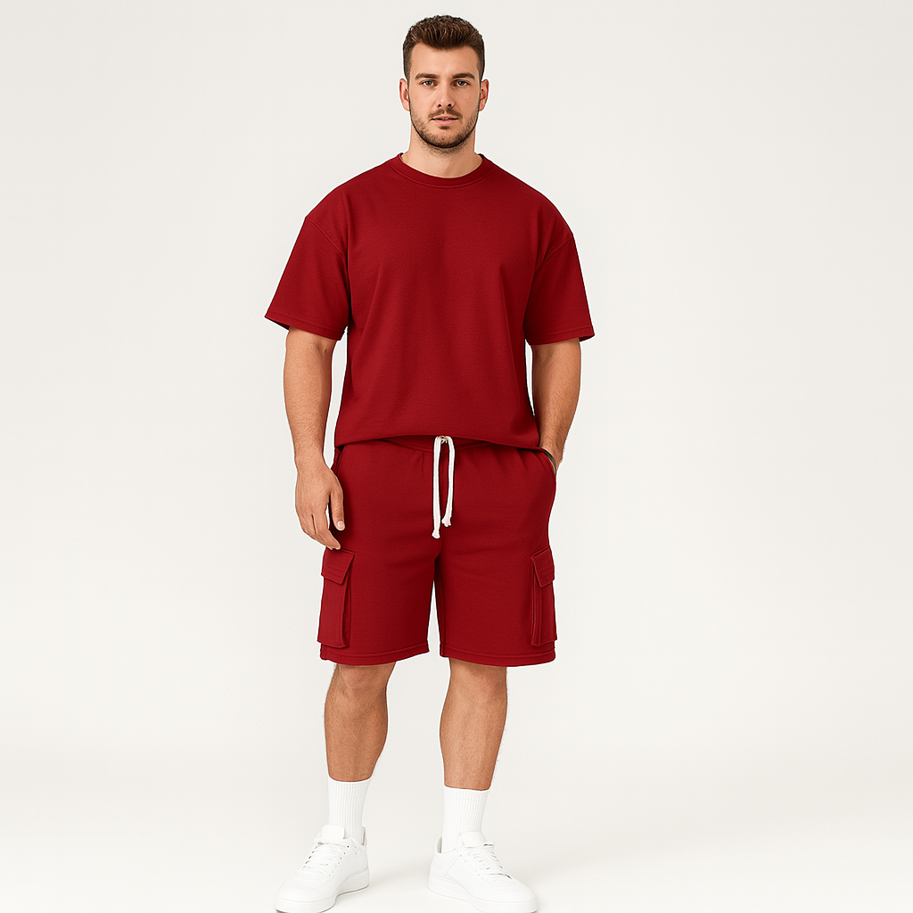 Herren-Sportbekleidungsset – Atmungsaktives Polyester-Rundhals-T-Shirt & Shorts mit Kordelzug und Taschen