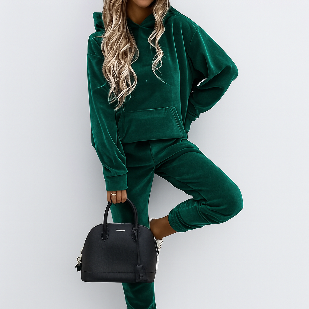 Damen Freizeitanzug 2-teilig – Unifarbener Kapuzenpullover mit Kängurutasche & schmal geschnittene Jogginghose
