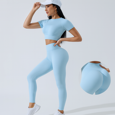 Damen Sportset 2-teilig – Kurzarm Top & High Waist Leggings für Yoga & Pilates