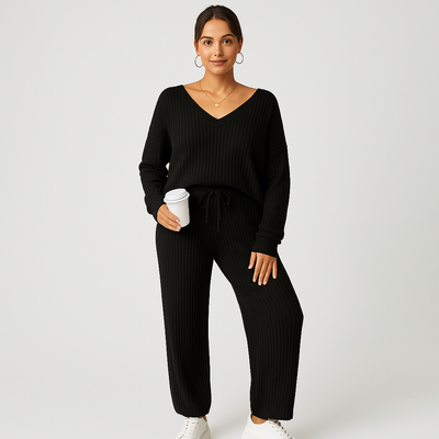Damen Lounge-Set aus Rippstrick – Unifarbenes V-Ausschnitt-Top & Jogginghose mit Gummibund