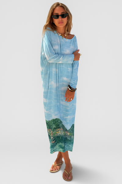 Aurora langärmliges Sommer-Maxikleid mit einzigartigem Druck