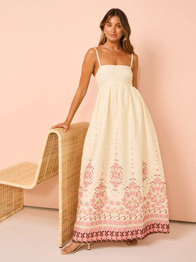 Boho Maxikleid mit Stickerei und Spaghettiträgern für Damen