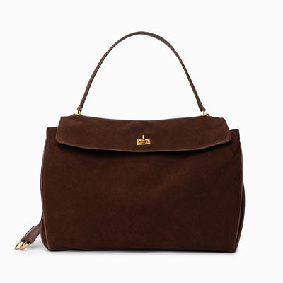 Clara – Elegante Damenhandtasche aus dunkelbraunem Wildleder mit goldfarbenem Drehverschluss