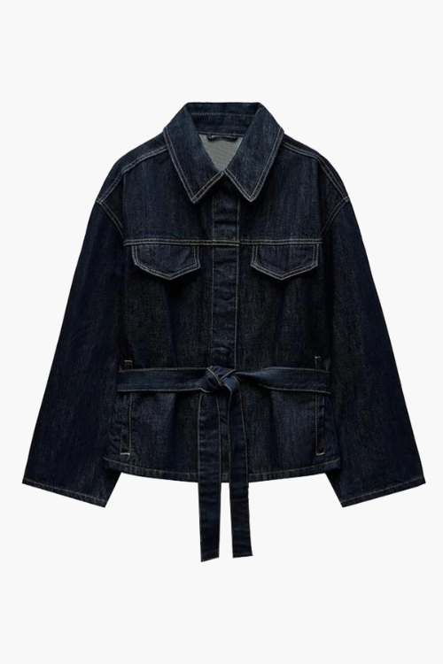 Damen-Denim-Set – Elegante Taillierte Jeansjacke mit Gürtel & Weite High-Waist Hose