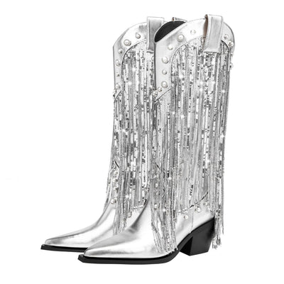 Damen Cowboystiefel Leder Boho Stil mit Fransendetails und Blockabsatz