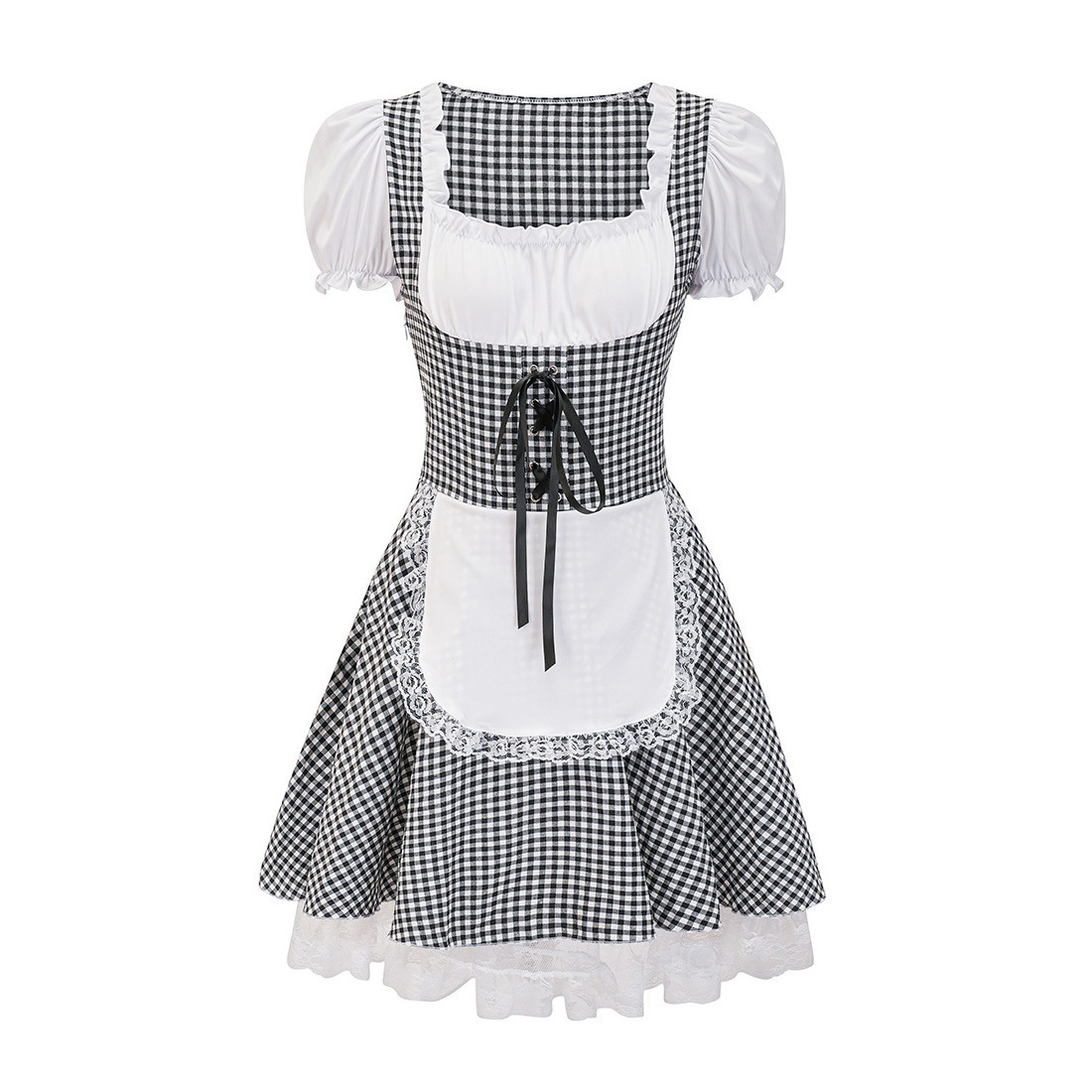 Damen Dirndl Kleid Baumwolle Schulterfrei Festlich Karomuster