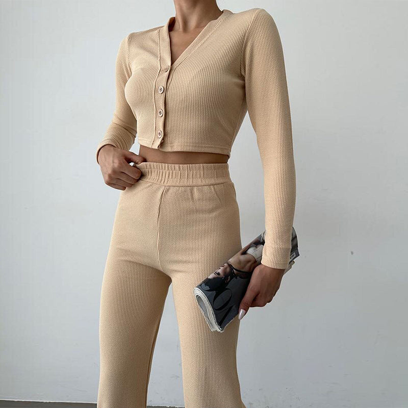 Damen Loungewear Set Rippstoff Langarm Oberteil Weite Hosen