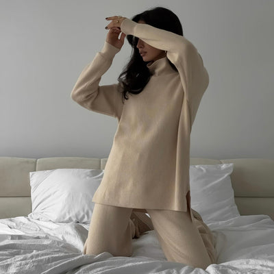 Damen Loungewear Set Strick Mit Hohem Kragen